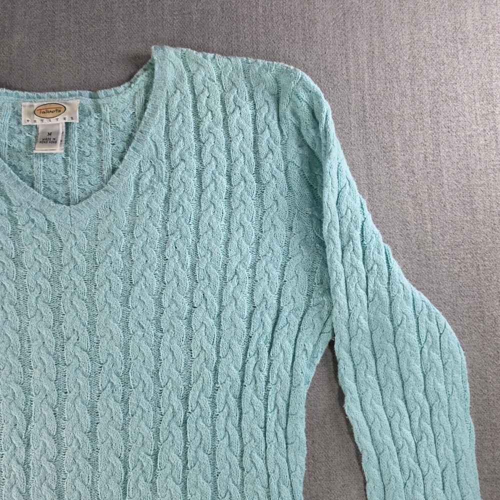 Talbots Sweater Womens Medium Petites Light Blue Cable Knit V-Neck Cotton Blend - Picture 9 of 16